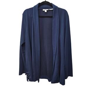 Dana Buchman Cardigan Womens Large Navy Blue Open Front Lace Up Side Career Work